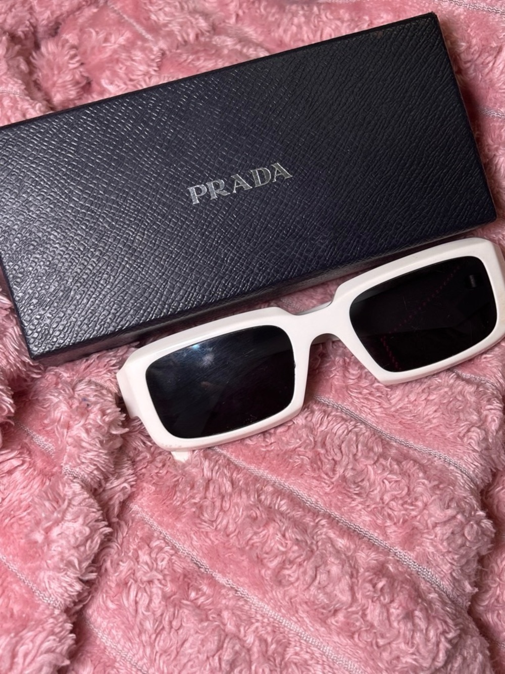 Prada White Rectangular Frame Sunglasses with Dark Lenses